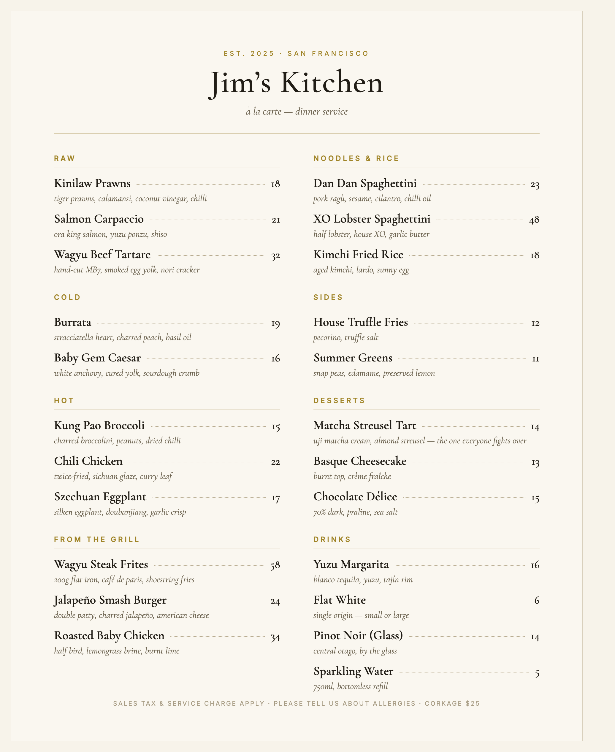 Jim's Kitchen menu