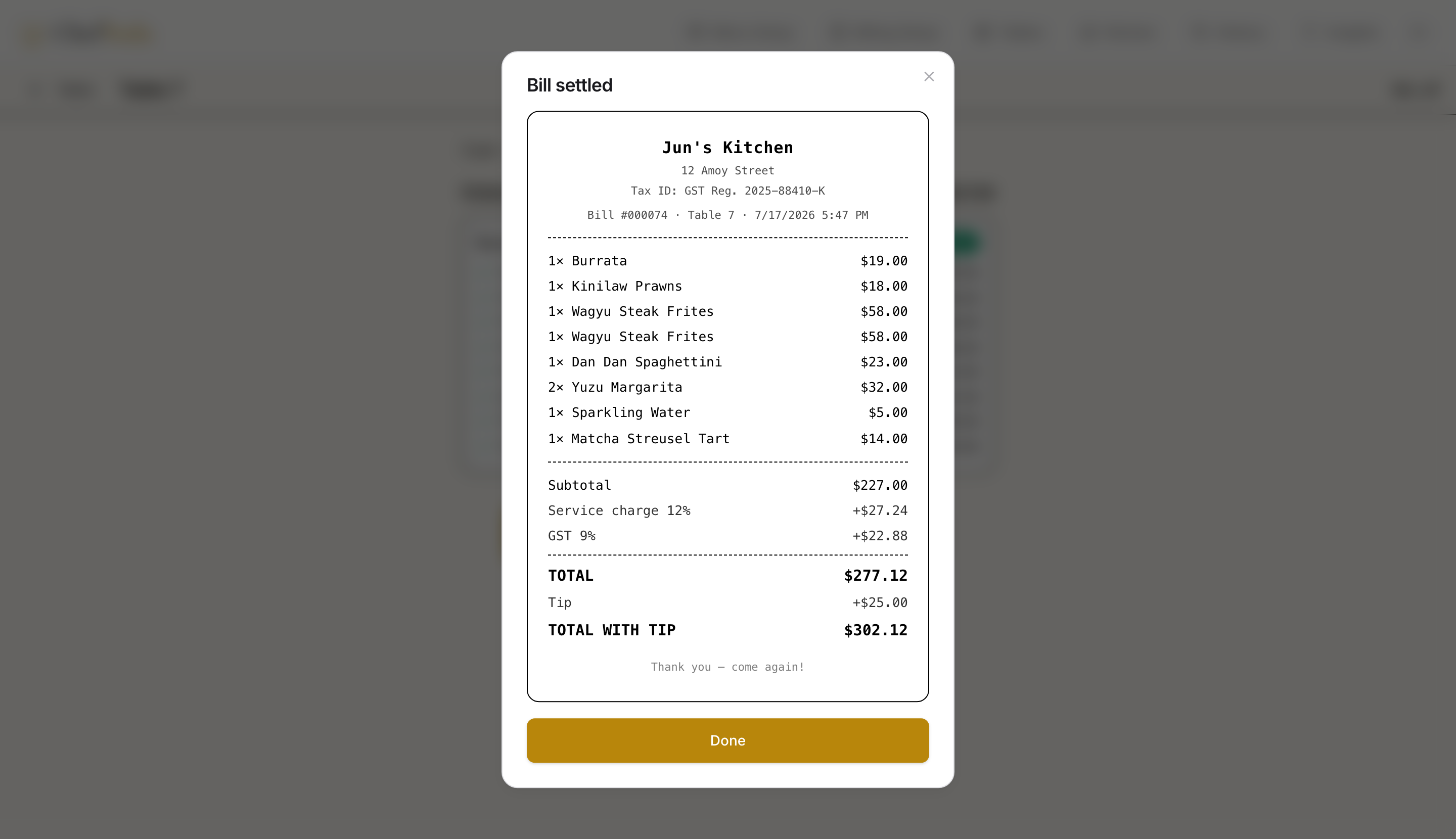 Itemized bill with tax, service charge and tip